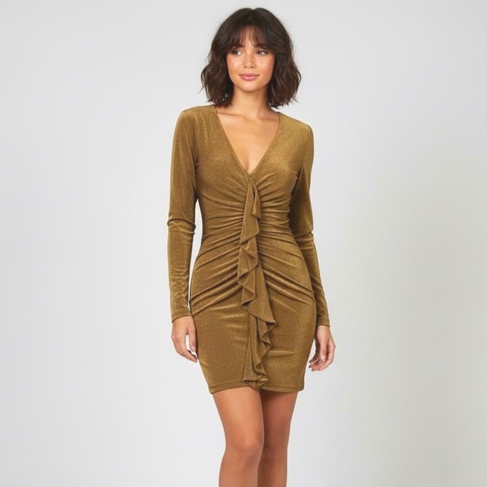 Significant Other Gold Ruched Long Sleeve V‎ Neck Bodycon Mini Dress AU 6 US 2